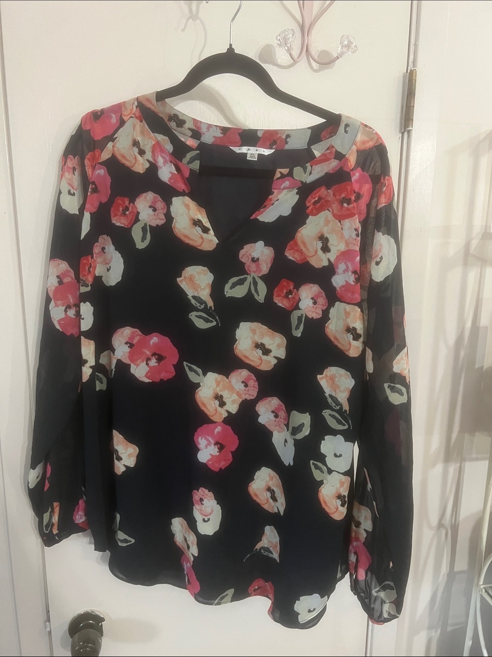 Floral V-Neck Long Sleeve Blouse - Black/Pink